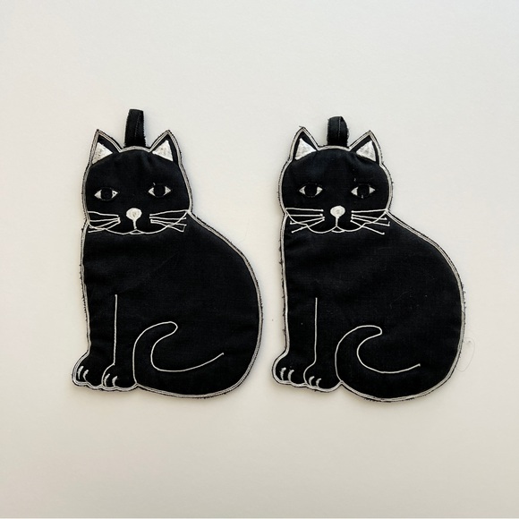 Pair vintage black cat quilted embroidered potholders linen black white - Picture 2 of 5